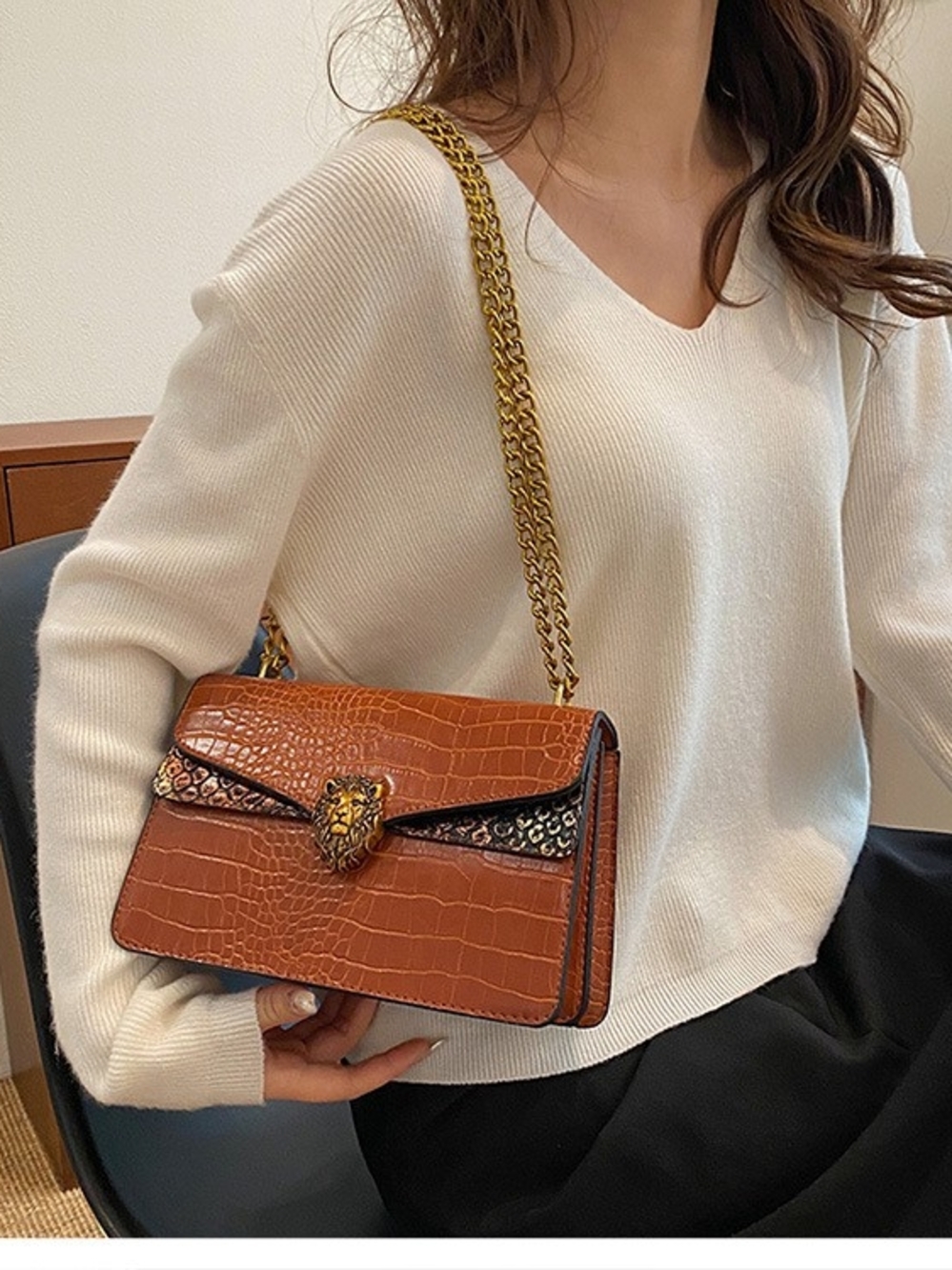 Lion-Emblem Croc-Texture Shoulder Bag in Cognac - Picture 2 of 5